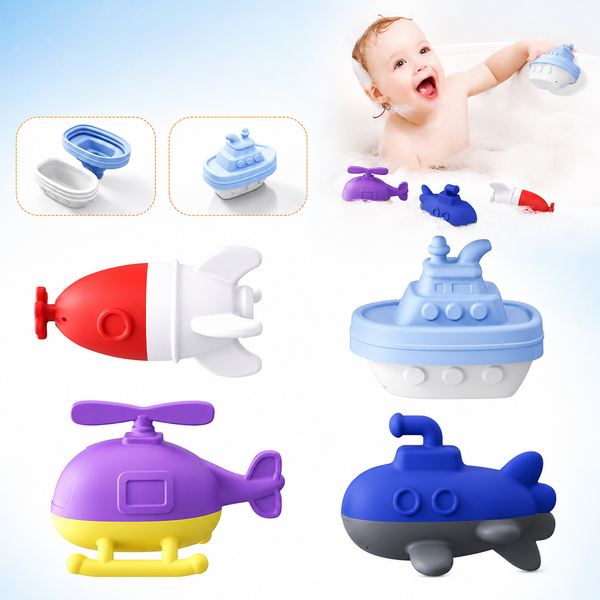 Set of colorful bath toys including a helicopter, submarine, and boat with a baby playing in the background.