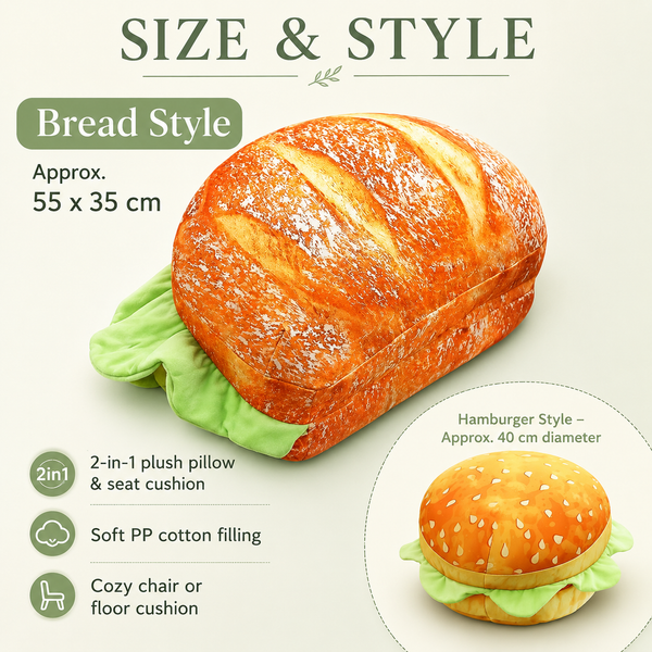 Plush bread and hamburger pillow with size and style details on a white background