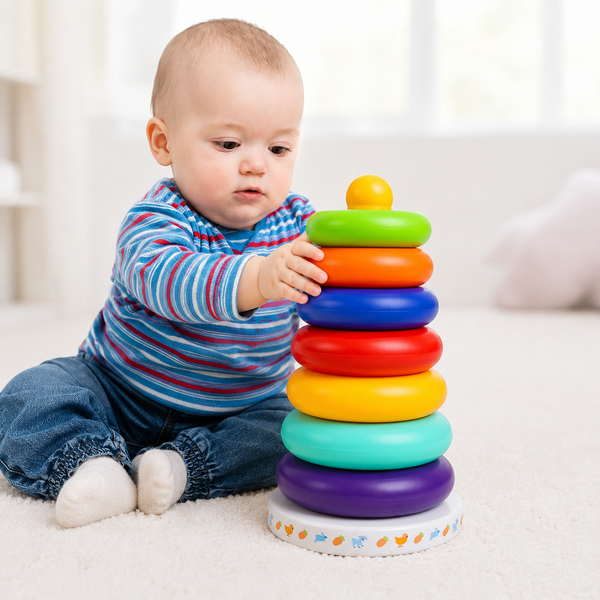 Baby playing with a colorful stacking toy on a light-colored floor.