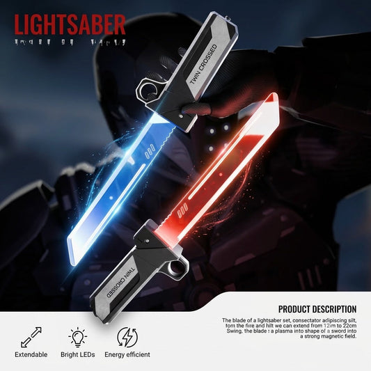 Two lightsabers with blue and red lights, held by a person wearing a helmet, on a dark background.