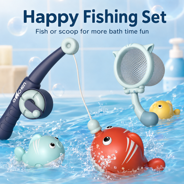 Happy Fishing Set with toys and tools in water, featuring a blue background.