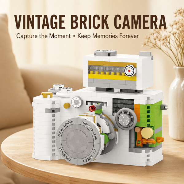 Vintage brick camera model on a wooden surface with a neutral background
