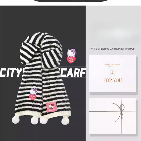Striped Hello Kitty Pom-Pom Scarf