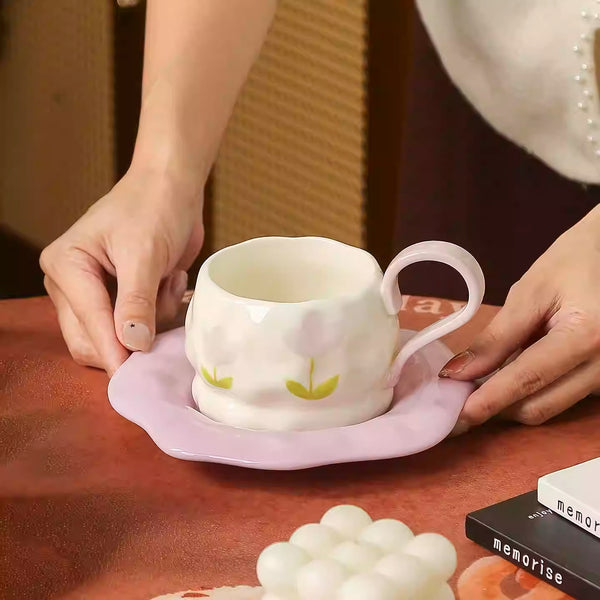 Purple Tulip Ceramic Coffee Cup and Saucer Set