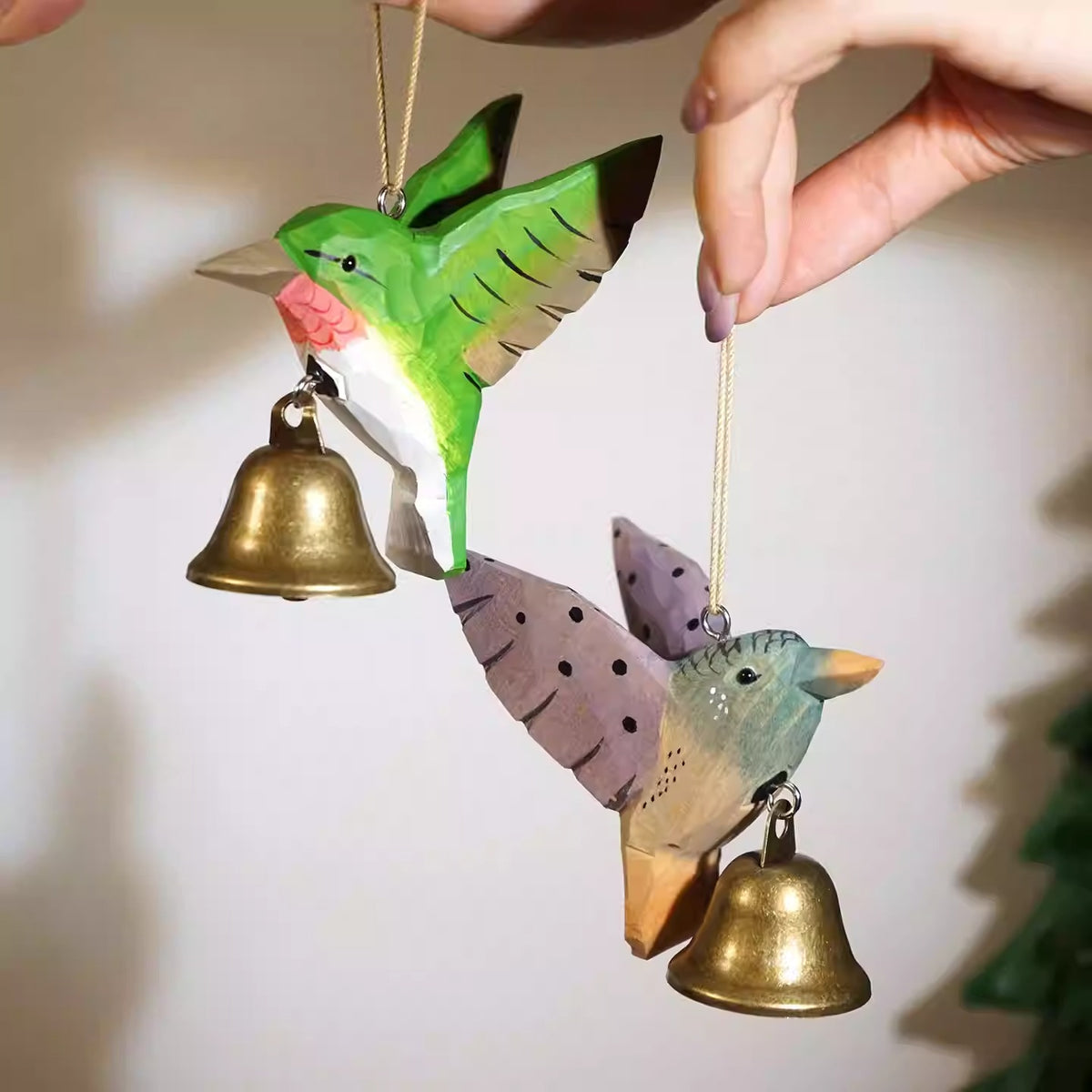 Hand-Carved Wooden Hummingbird Bell Ornament