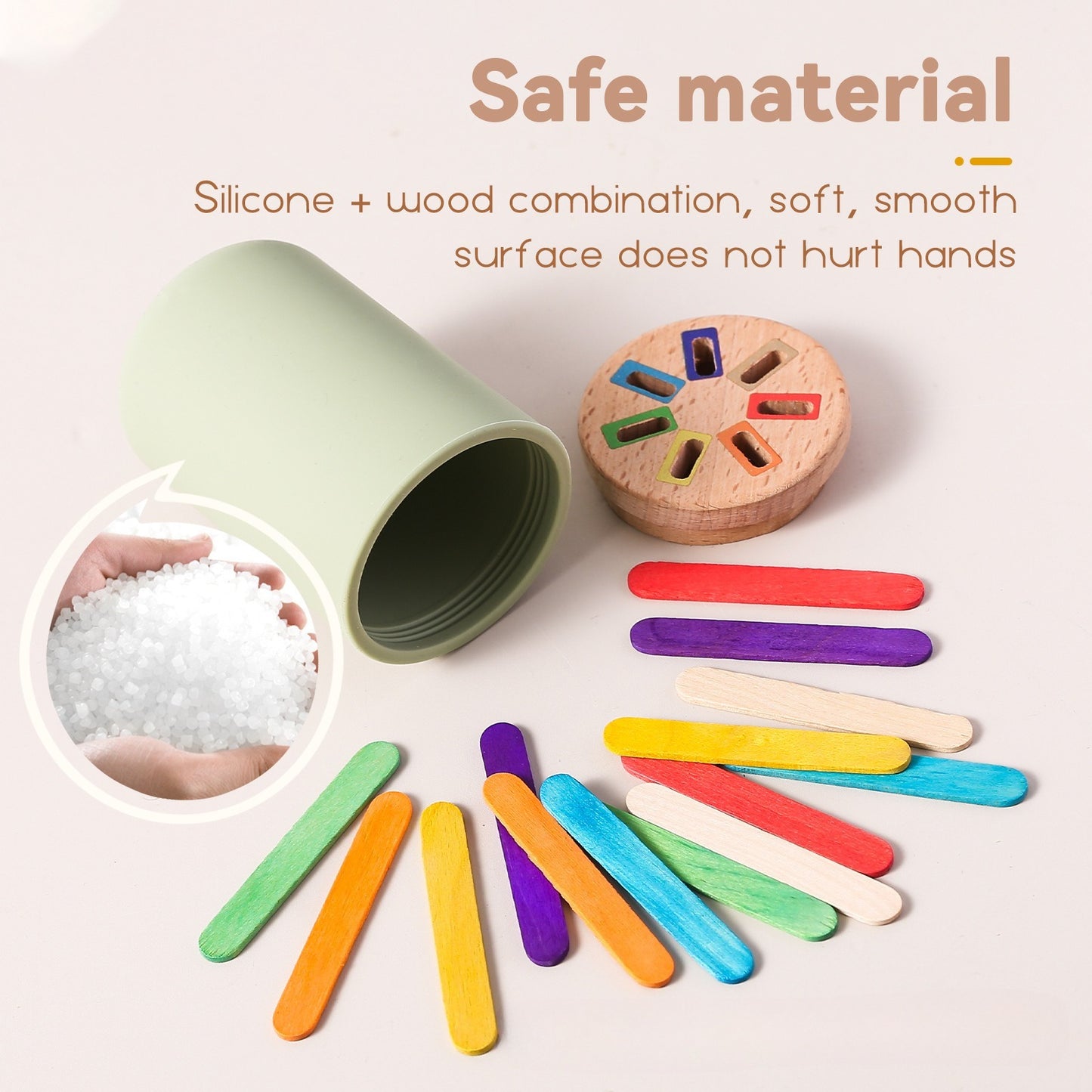 Silicone & Wood Color Sorting and Stacking Play Set