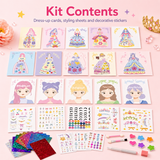 Dress-up cards, styling sheets, and decorative stickers with princess-themed designs on a pink background.