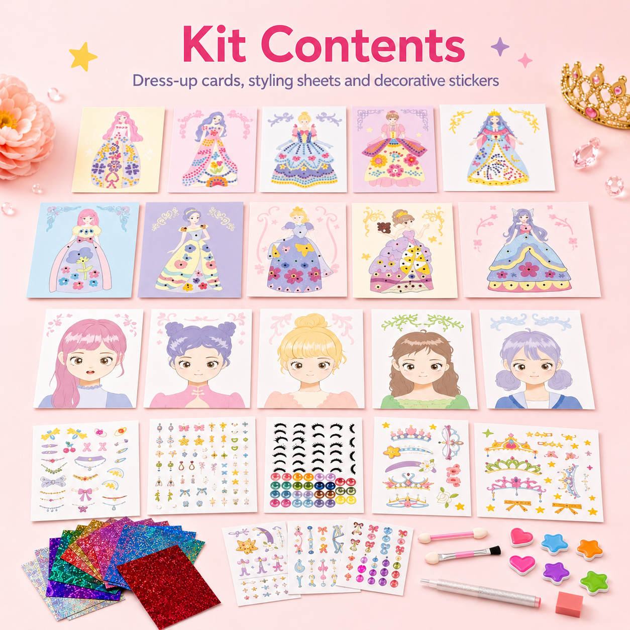 Dress-up cards, styling sheets, and decorative stickers with princess-themed designs on a pink background.