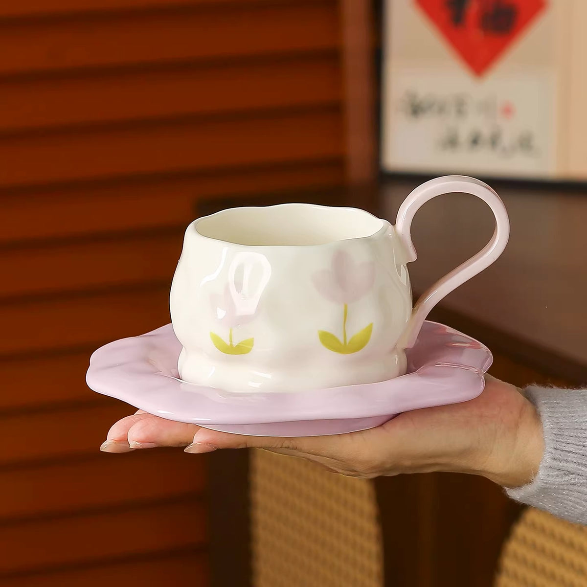 Purple Tulip Ceramic Coffee Cup and Saucer Set