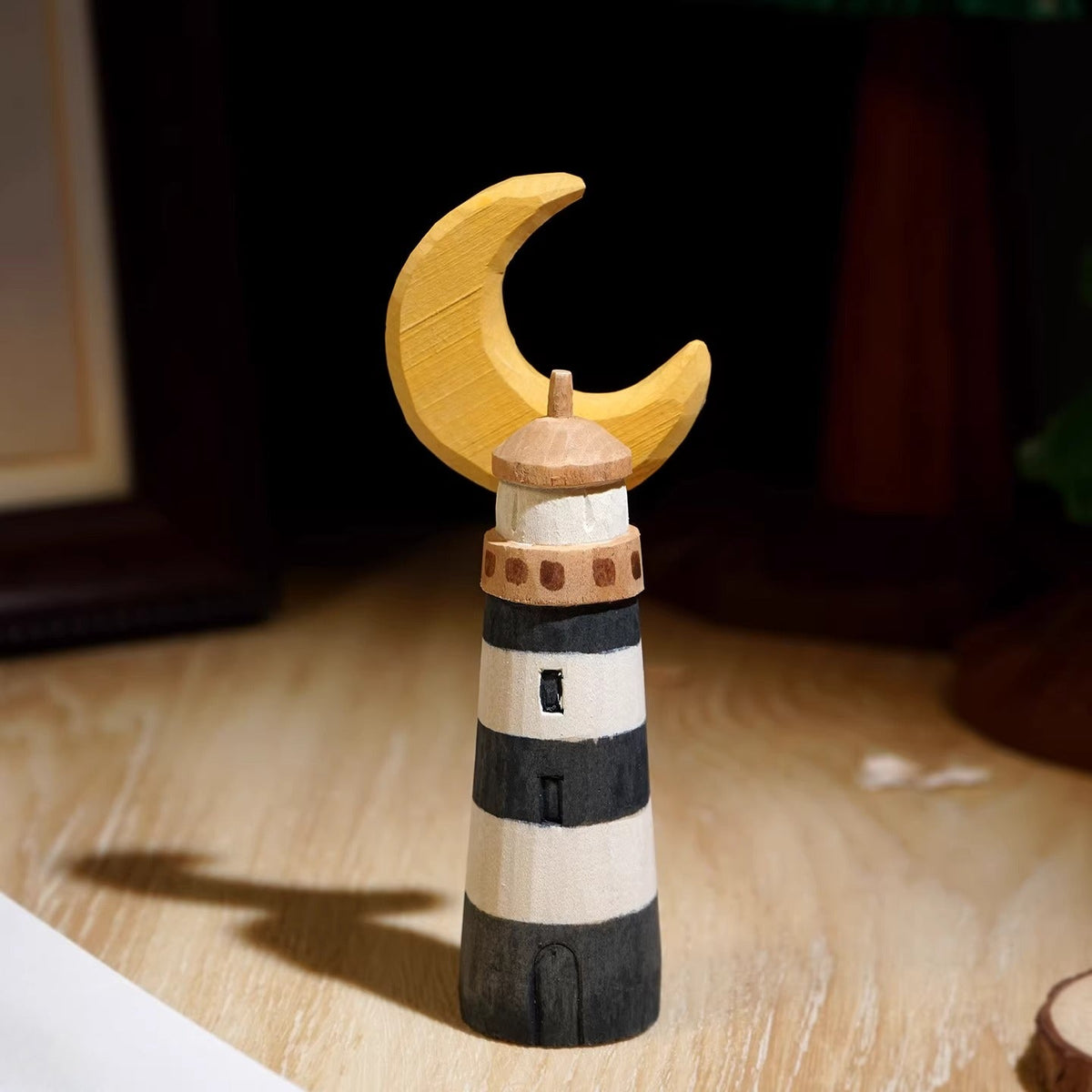 Hand-Carved Wooden Moon Lighthouse Desktop Ornament FantastiKurios