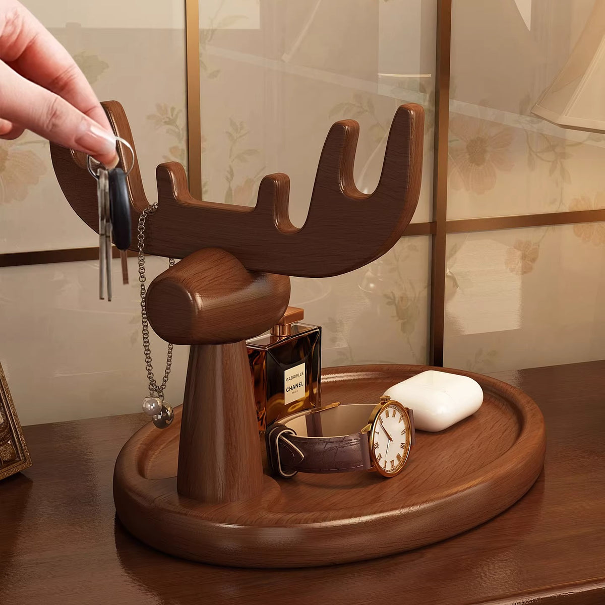 Wooden Catchall Tray with Animal Figurine