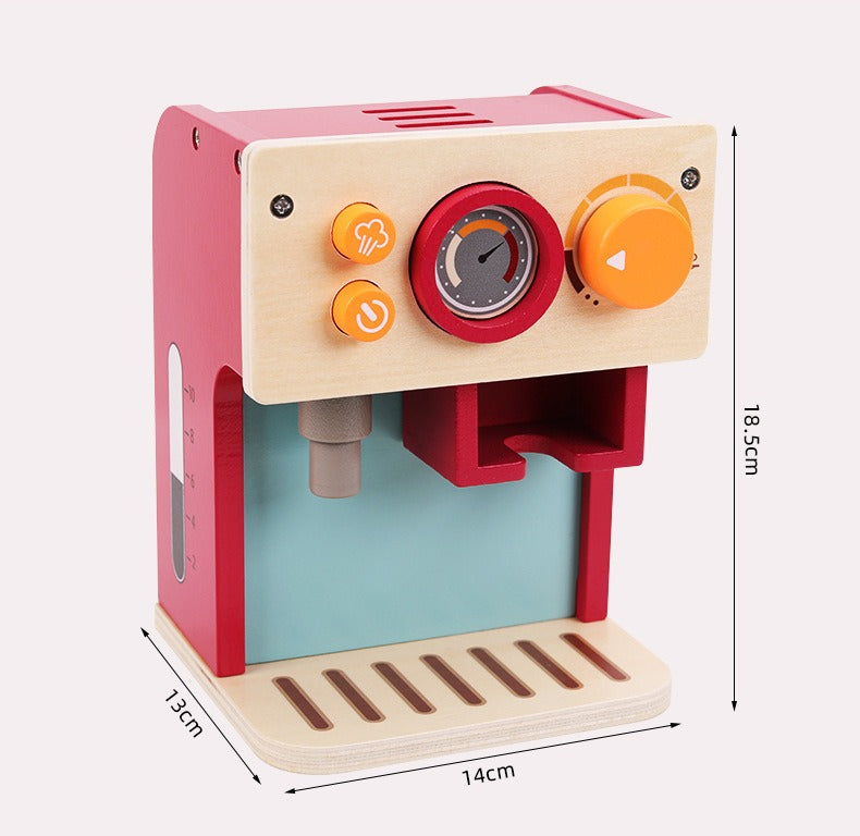 Toy espresso machine with colorful buttons and dimensions on a white background