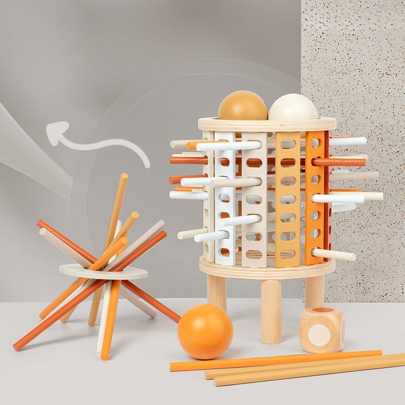 Wooden educational toys with orange and beige elements on a neutral background