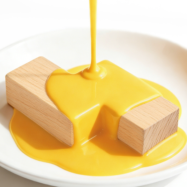 Yellow liquid being poured over a wooden block on a white plate