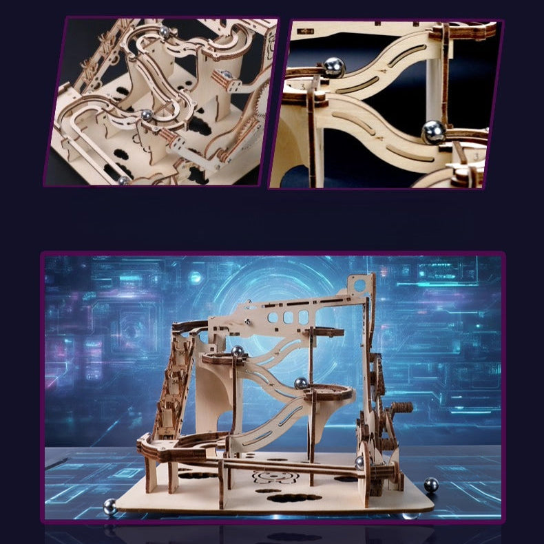 Wooden mechanical model kit with intricate details on a dark background