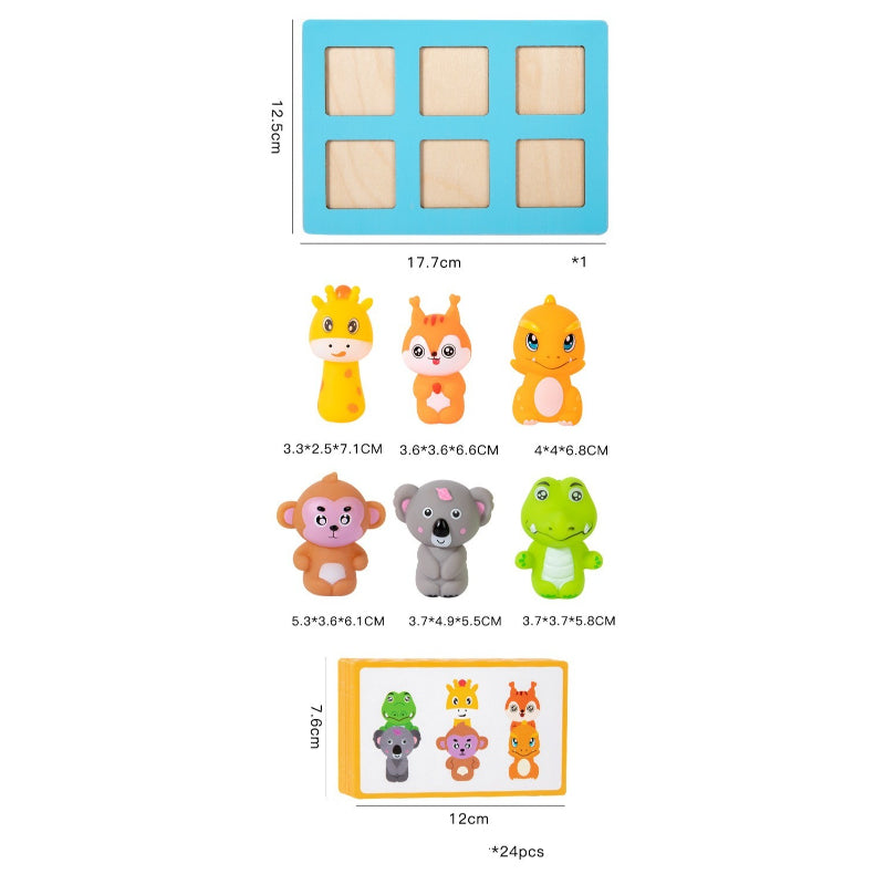 Measurement chart of wooden animal blocks with dimensions on a white background