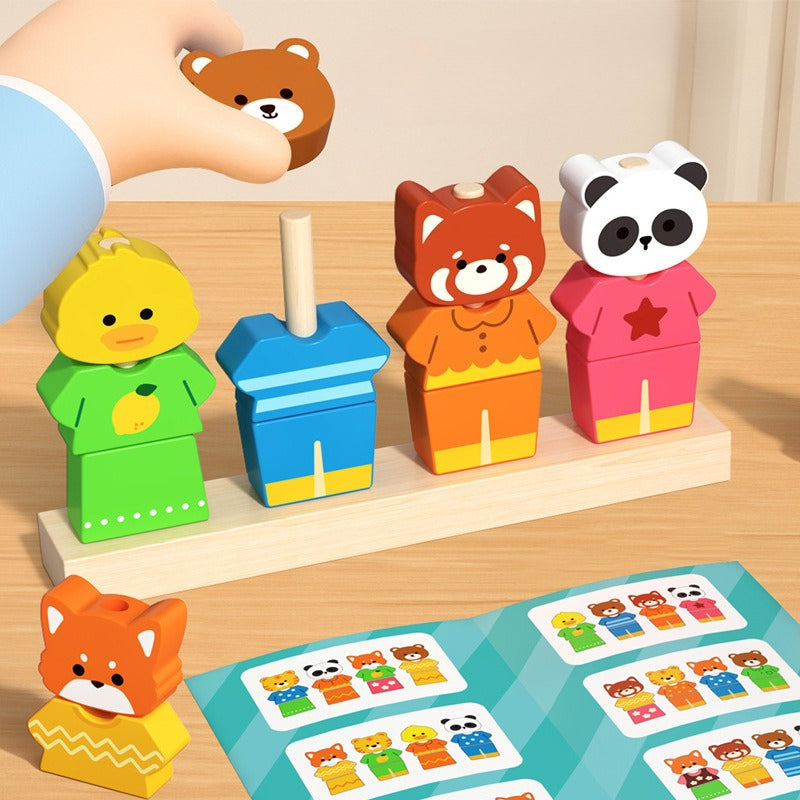 Children's educational toy with animal figures and matching cards on a wooden surface
