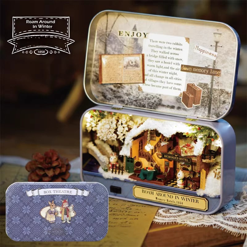 Decorative tin box with miniature scene and 'Roam Around in Winter' branding