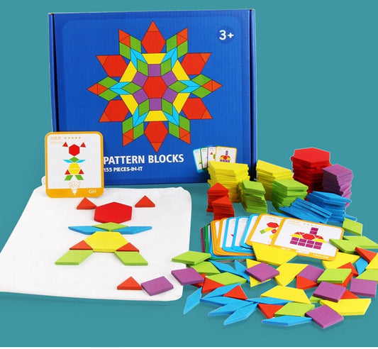 Colorful pattern blocks set with educational cards and a blue box on a teal background