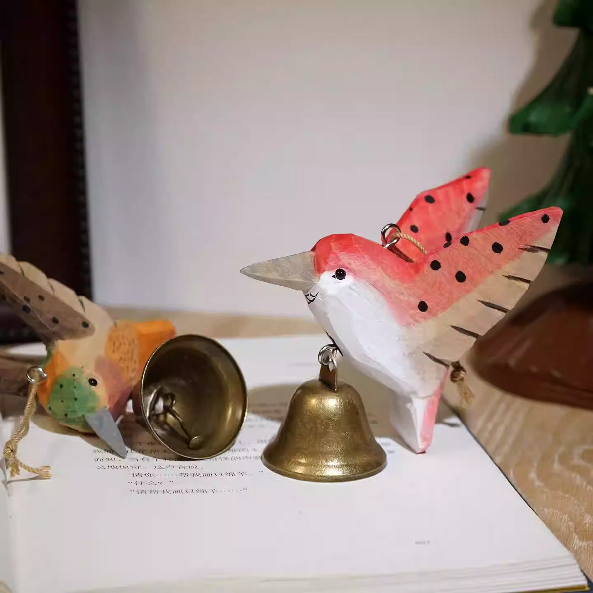 Hand-Carved Wooden Hummingbird Bell Ornament