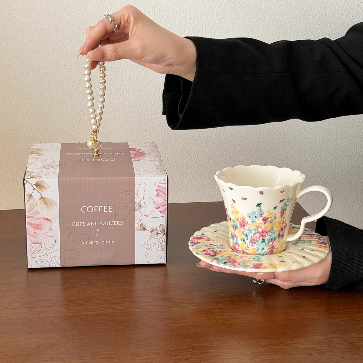 Floral Ceramic Coffee Cup and Saucer Set