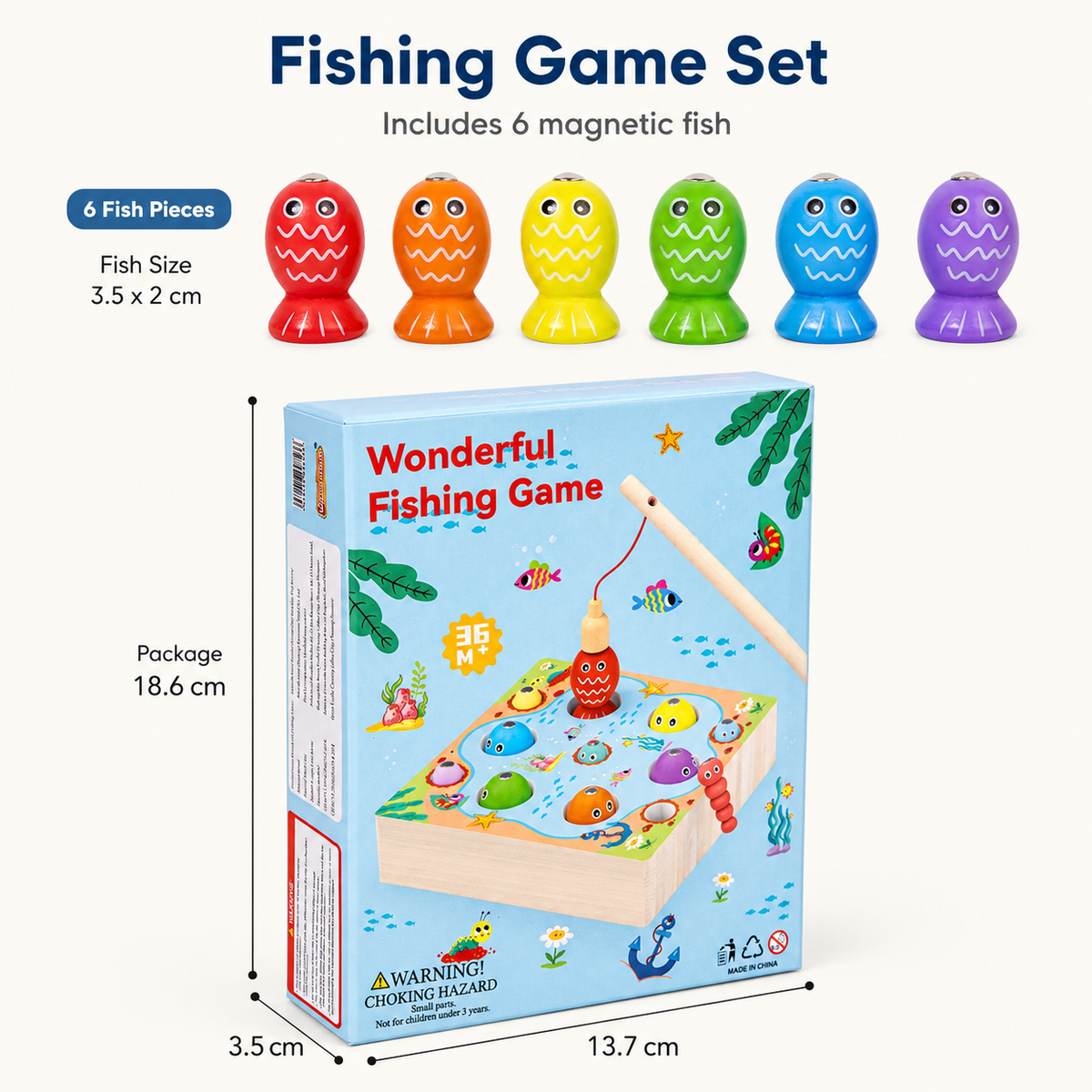 Fishing game set with colorful magnetic fish and packaging on a white background
