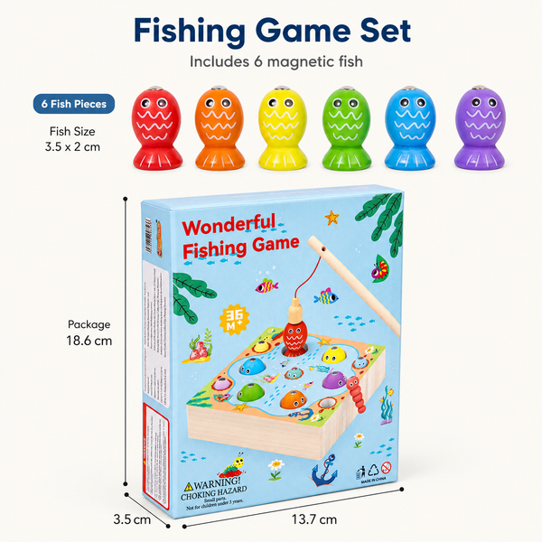 Fishing game set with colorful magnetic fish and packaging on a white background
