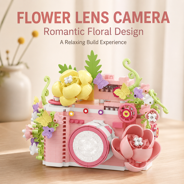 Pink camera with floral decorations on a wooden surface, labeled 'Flower Lens Camera'.