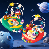 Colorful baby toys with animals on a space-themed background