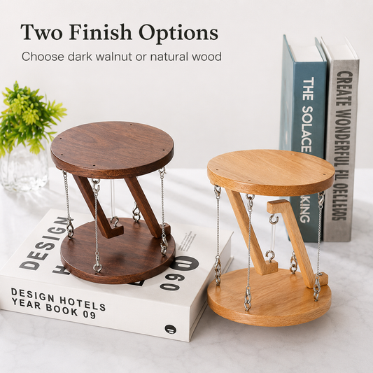 Two wooden hourglass-like objects with chains on a surface with books and a plant.