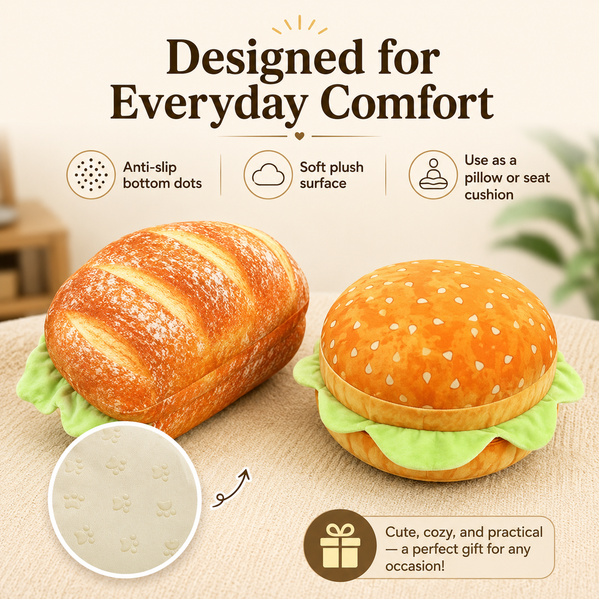 Two plush toys shaped like a loaf of bread and a hamburger on a beige surface with text about their features.