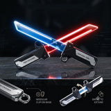 Two swing-activated energy batons with blue and red lights on a reflective surface.