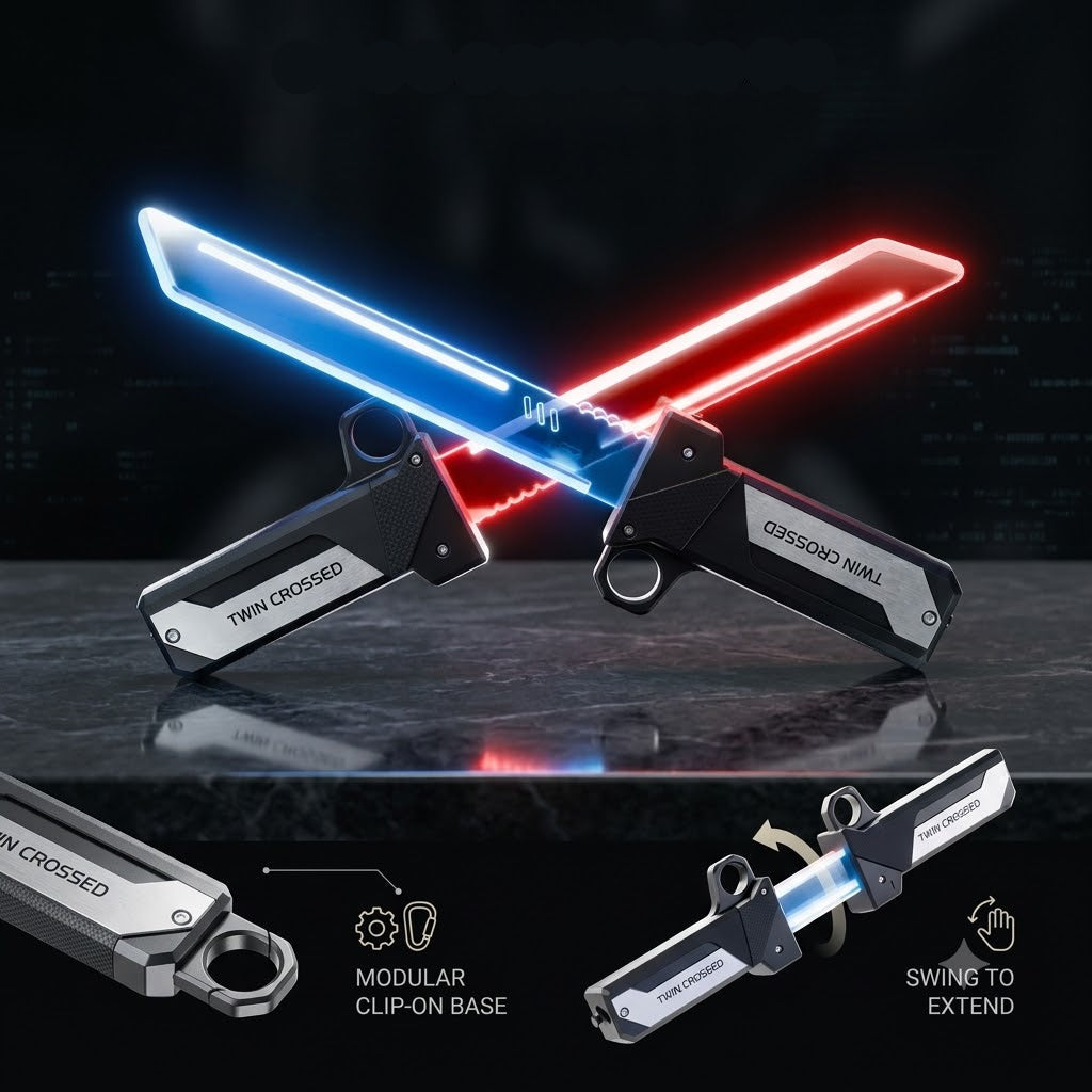 Two swing-activated energy batons with blue and red lights on a reflective surface.