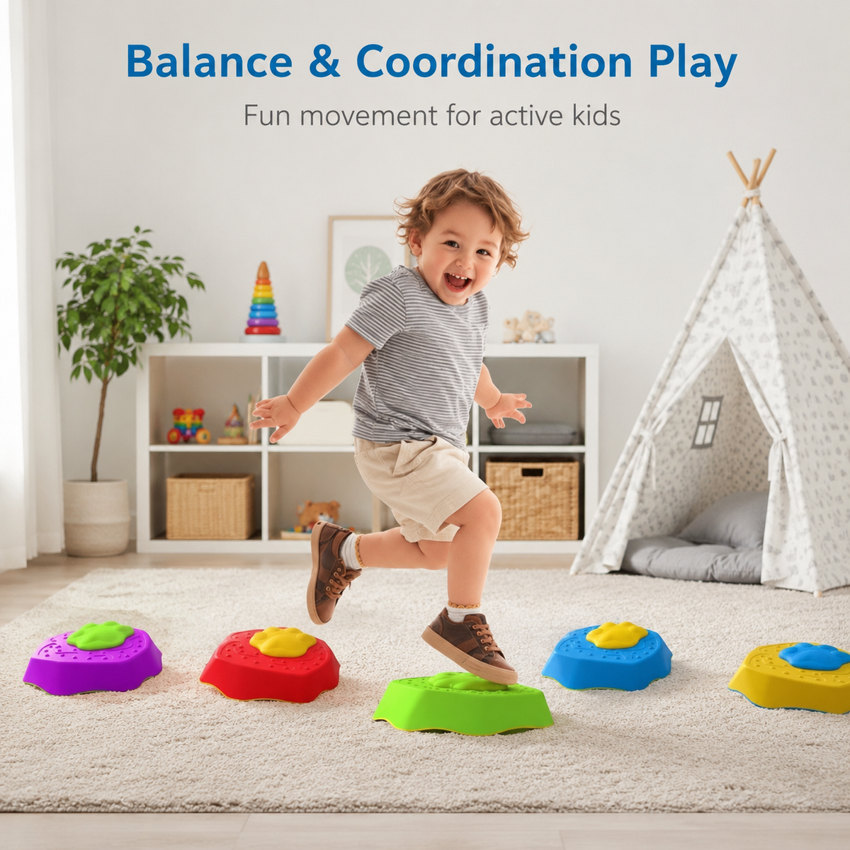 Child playing with colorful stepping stones in a room with a teepee and shelves.