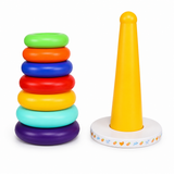 Colorful stacker toy and a yellow cone-shaped toy on a white background