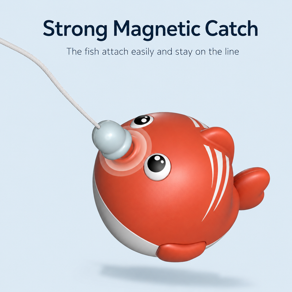 Red toy fish with a magnetic catch on a light blue background