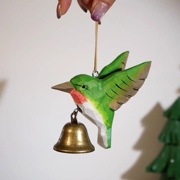 Hand-Carved Wooden Hummingbird Bell Ornament