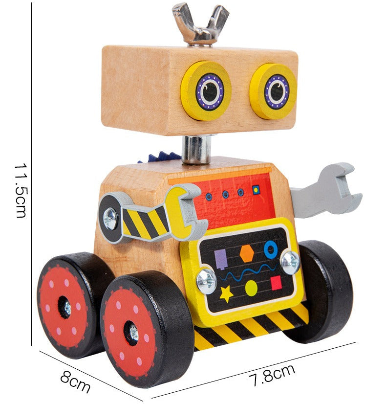 Wooden robot toy with measurements on a white background