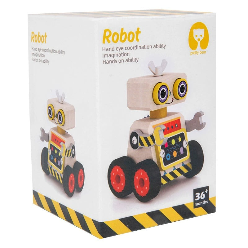 Boxed toy robot with text highlighting skills and age recommendation