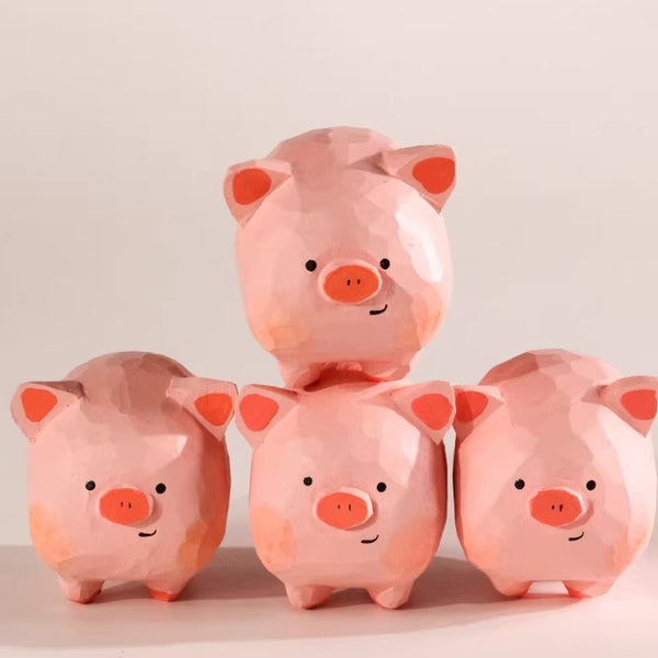 Hand-Carved Wooden Pig Figurine Set