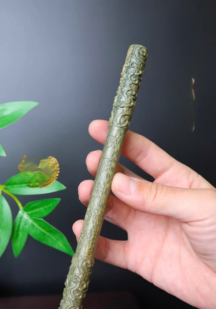 Hand-Carved Green Sandalwood Golden Cudgel Display