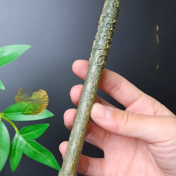 Hand-Carved Green Sandalwood Golden Cudgel Display