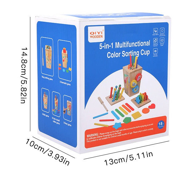 Box of 5-in-1 Multifunctional Color Sorting Cup toy with dimensions on a white background