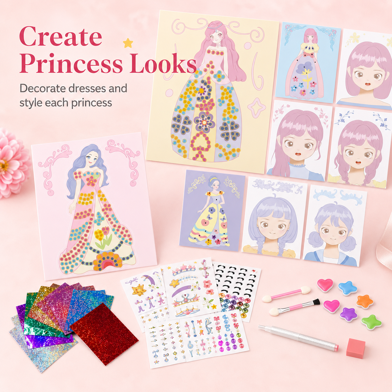 Set of princess-themed decorative items including stickers and markers on a pink background.