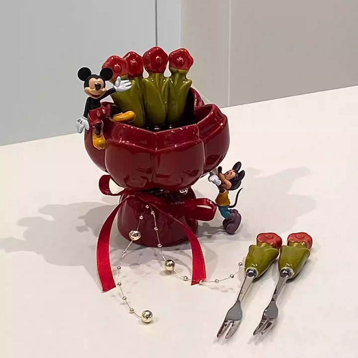 Ceramic Fruit Fork Set with Bouquet Storage Jar