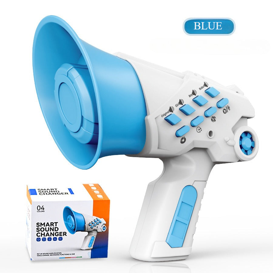Blue and white megaphone with control buttons and packaging on a white background