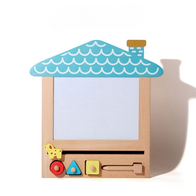 Wooden toy with a blue roof and various colorful buttons on a white background