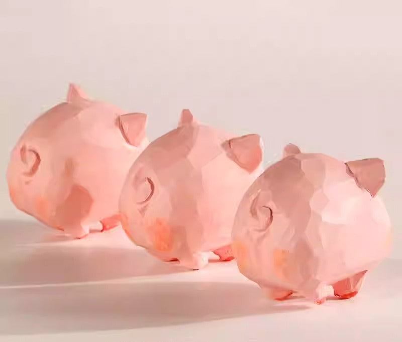 Hand-Carved Wooden Pig Figurine Set