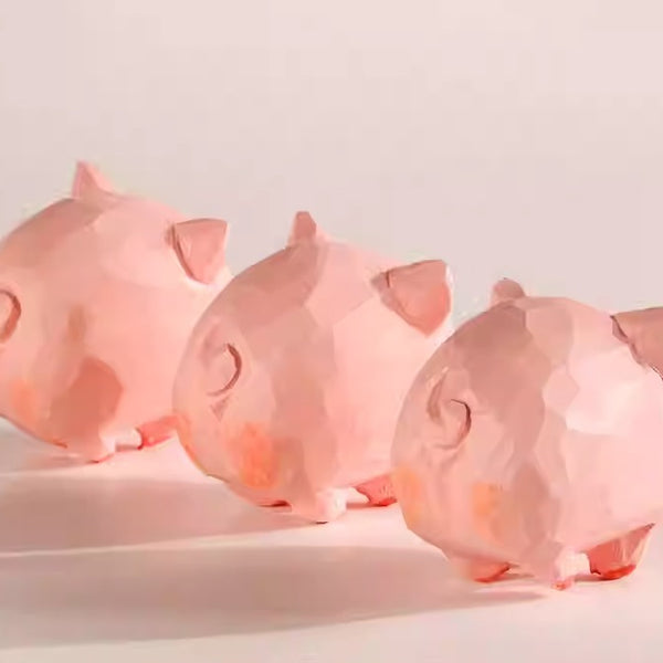 Hand-Carved Wooden Pig Figurine Set