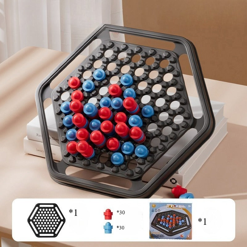 Hexagonal board game with red and blue pieces on a beige surface